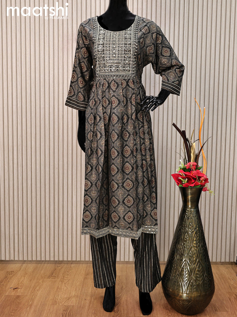 Modal readymade salwar suit elephant grey with allover ajrakh prints & sequin work neck pattern and straight cut pant & printed dupatta