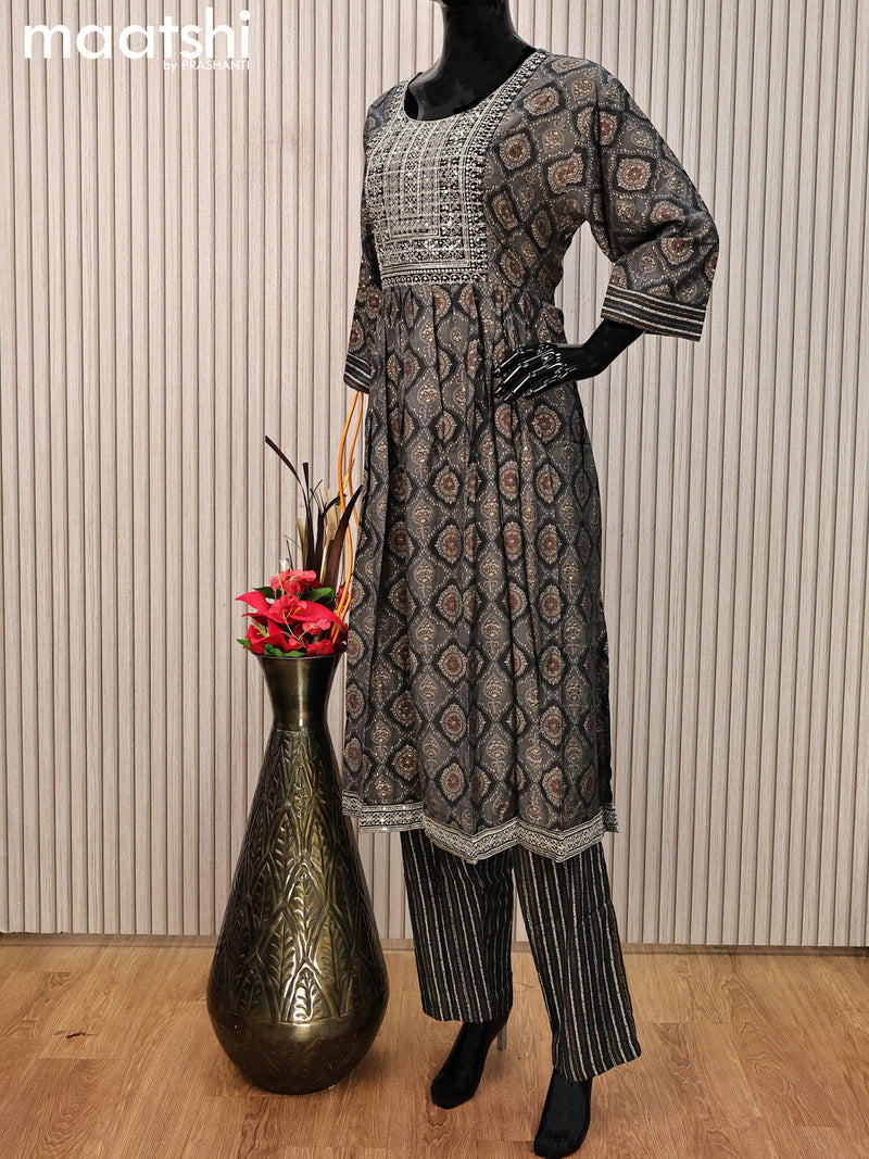 Modal readymade salwar suit elephant grey with allover ajrakh prints & sequin work neck pattern and straight cut pant & printed dupatta