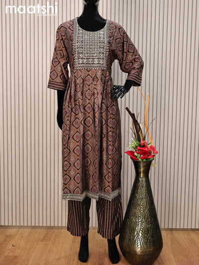 Modal readymade salwar suit brown with allover ajrakh prints & sequin work neck pattern and straight cut pant & printed dupatta