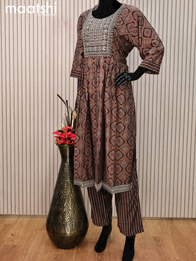 Modal readymade salwar suit brown with allover ajrakh prints & sequin work neck pattern and straight cut pant & printed dupatta