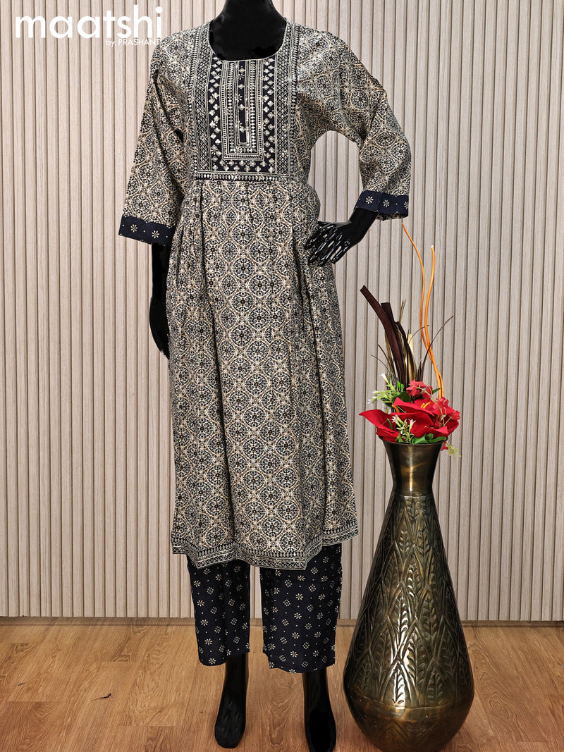 Modal readymade salwar suit beige and navy blue with allover prints & sequin work neck pattern and straight cut pant & printed dupatta