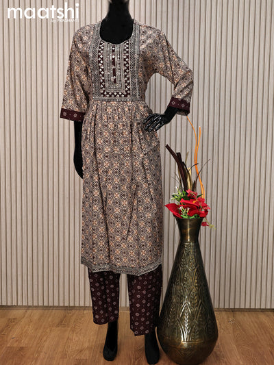 Modal readymade salwar suit beige and maroon with allover prints & sequin work neck pattern and straight cut pant & printed dupatta