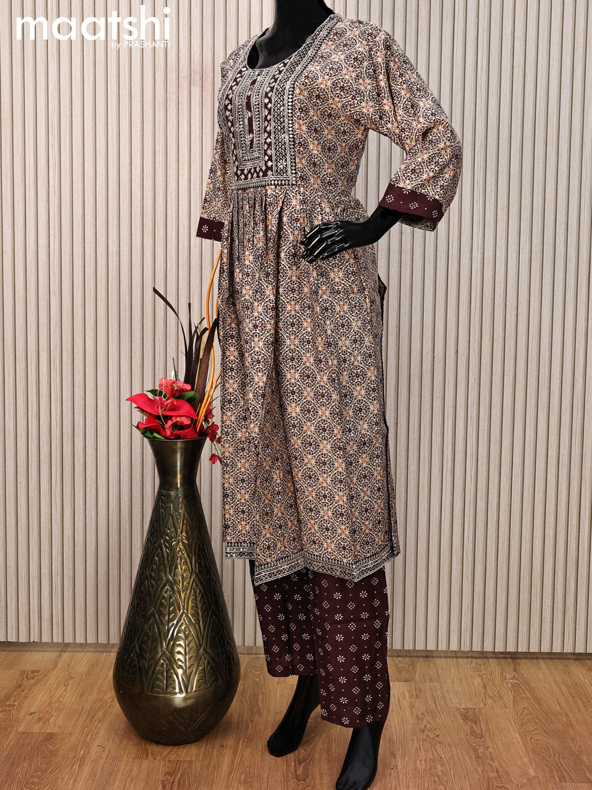 Modal readymade salwar suit beige and maroon with allover prints & sequin work neck pattern and straight cut pant & printed dupatta