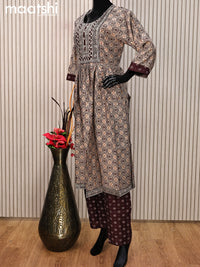 Modal readymade salwar suit beige and maroon with allover prints & sequin work neck pattern and straight cut pant & printed dupatta
