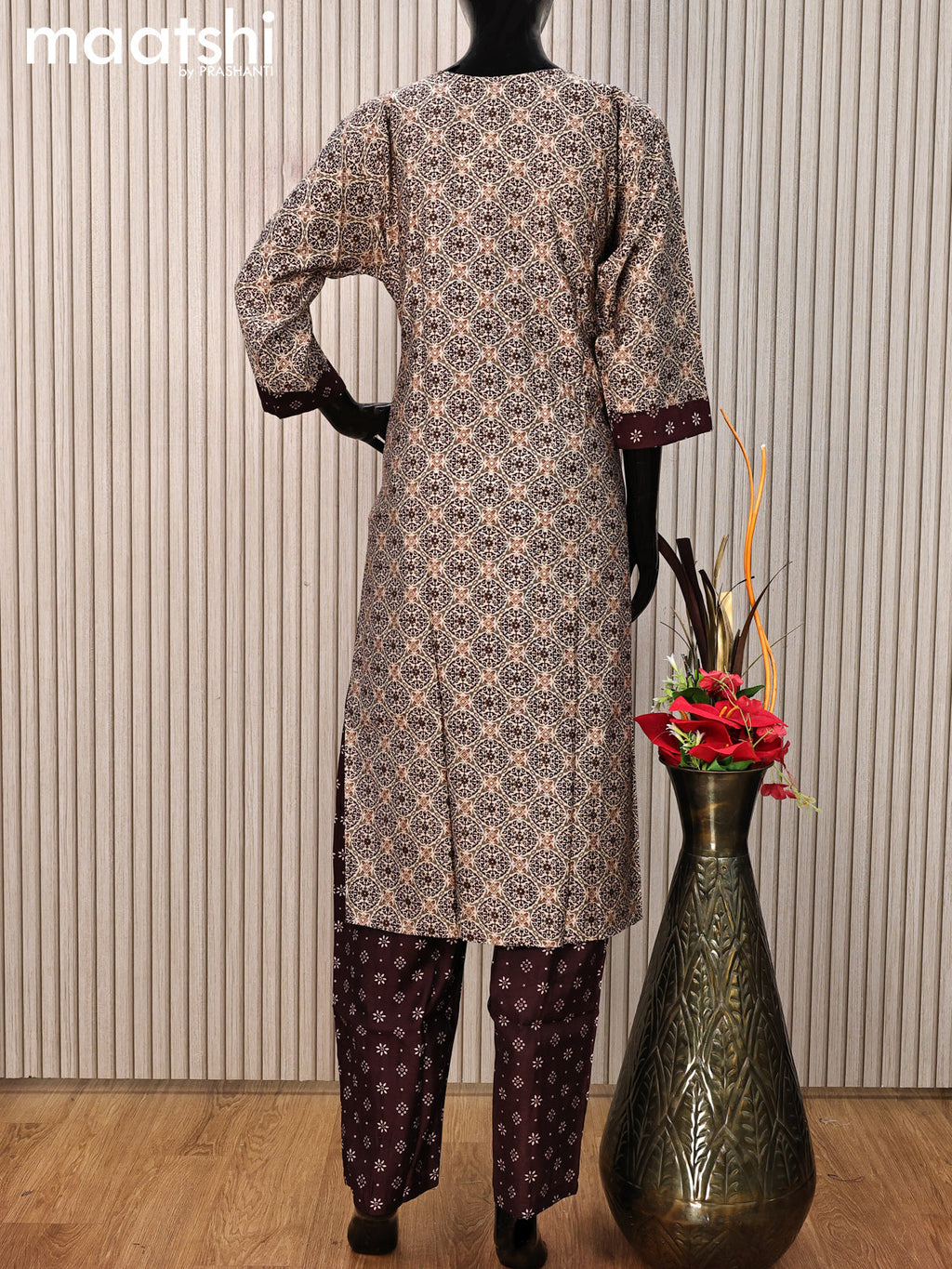 Modal readymade salwar suit beige and maroon with allover prints & sequin work neck pattern and straight cut pant & printed dupatta