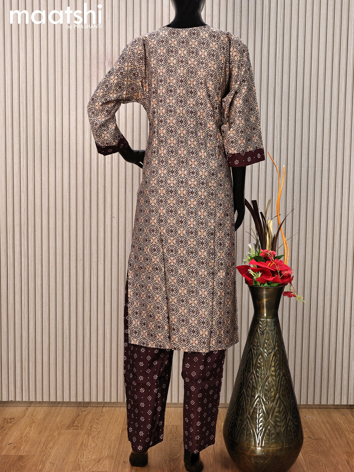 Modal readymade salwar suit beige and maroon with allover prints & sequin work neck pattern and straight cut pant & printed dupatta