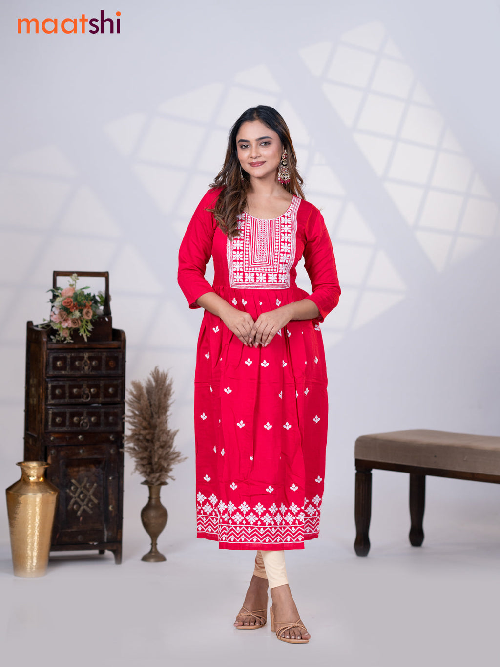 Rayon readymade umbrella kurti pink with embroidery work neck pattern without pant