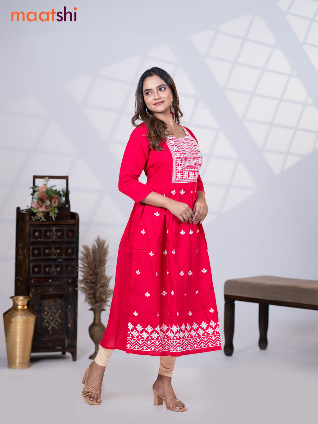 Rayon readymade umbrella kurti pink with embroidery work neck pattern without pant