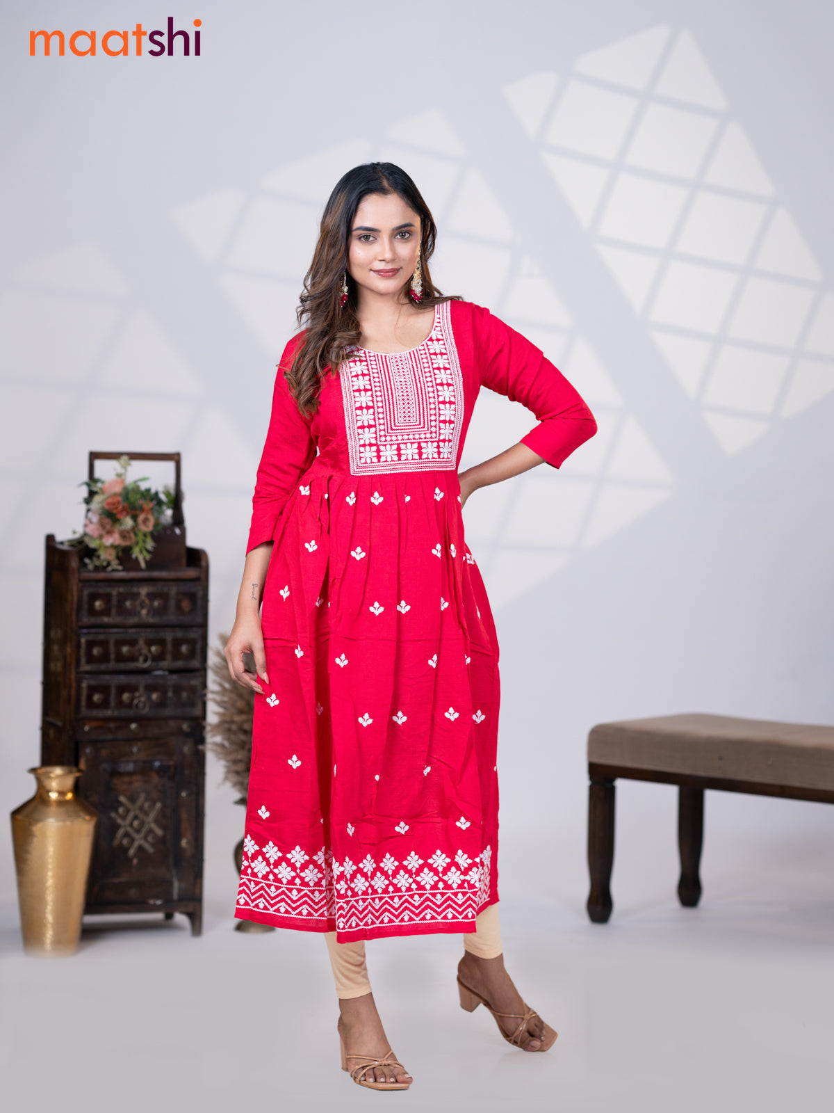 Rayon readymade umbrella kurti pink with embroidery work neck pattern without pant