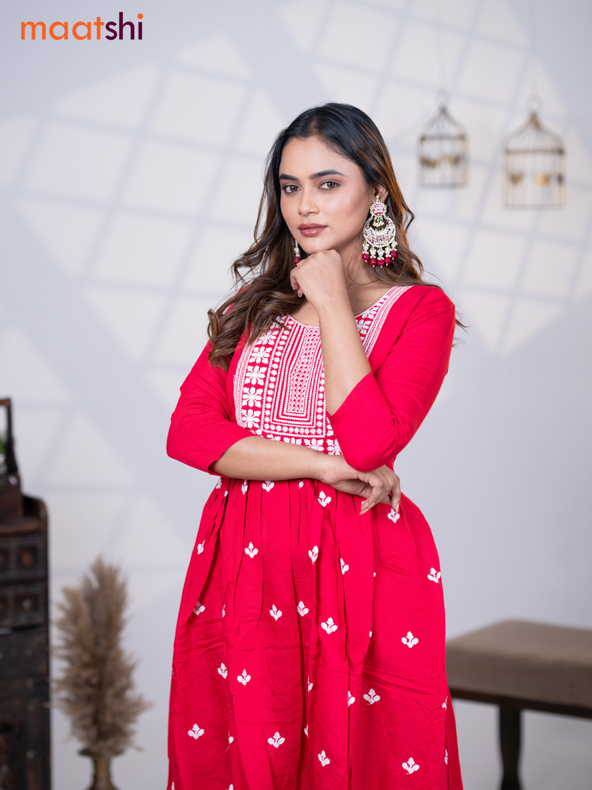 Rayon readymade umbrella kurti pink with embroidery work neck pattern without pant