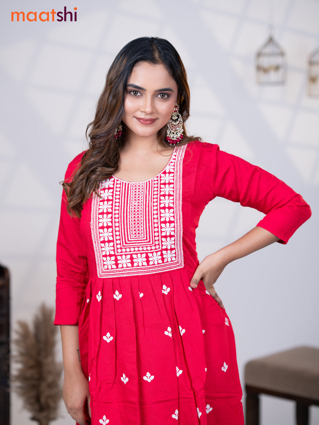 Rayon readymade umbrella kurti pink with embroidery work neck pattern without pant