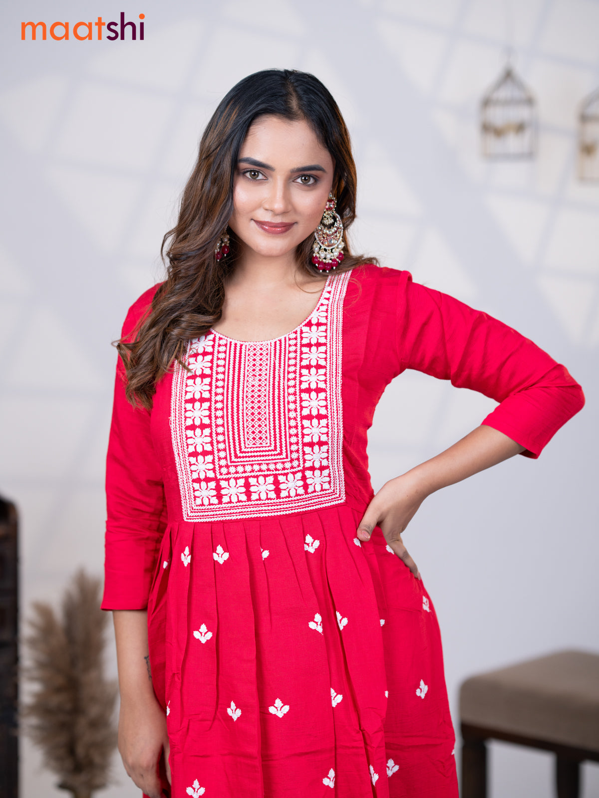 Rayon readymade umbrella kurti pink with embroidery work neck pattern without pant