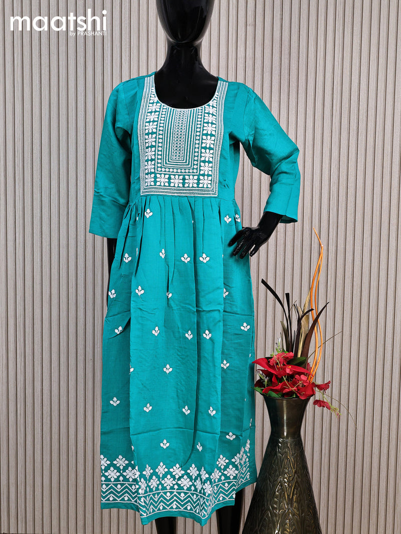 Rayon readymade umbrella kurti teal blue with embroidery work neck pattern without pant