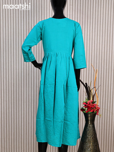 Rayon readymade umbrella kurti teal blue with embroidery work neck pattern without pant