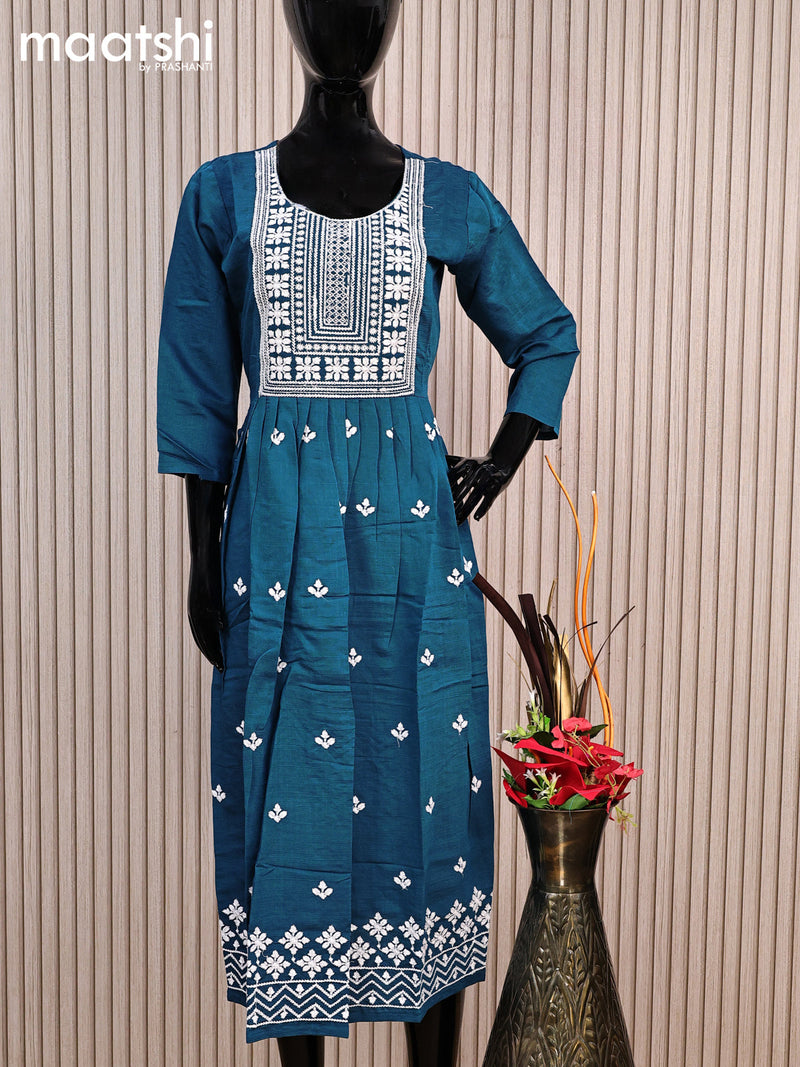 Rayon readymade umbrella kurti peacock blue with embroidery work neck pattern without pant