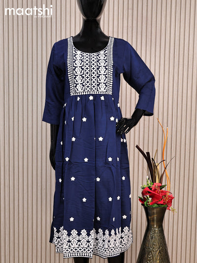 Rayon readymade umbrella kurti navy blue with embroidery work neck pattern without pant