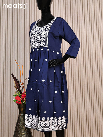 Rayon readymade umbrella kurti navy blue with embroidery work neck pattern without pant