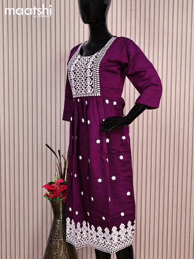 Rayon readymade umbrella kurti purple with embroidery work neck pattern without pant