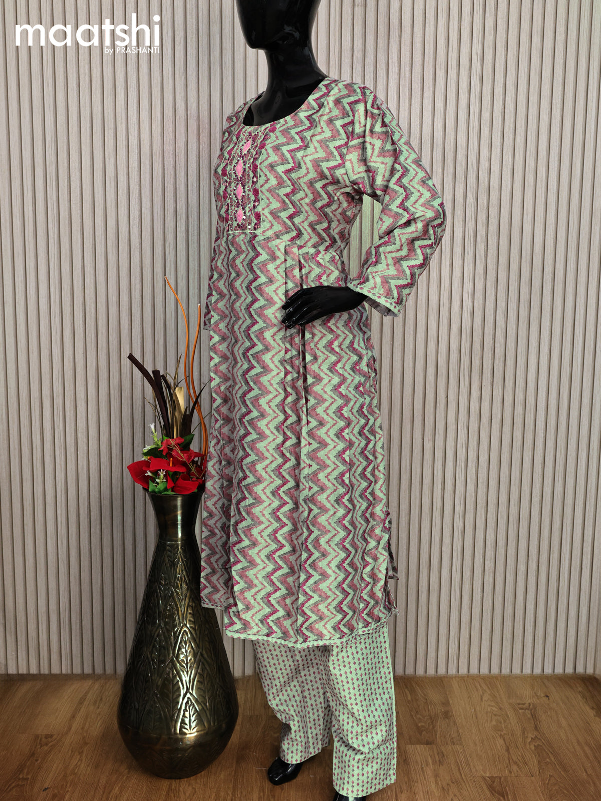 Modal readymade salwar suits pastel green shade and magenta pink with allover zig zag prints & embroidery mirror work neck pattern and straight cut pant & printed dupatta