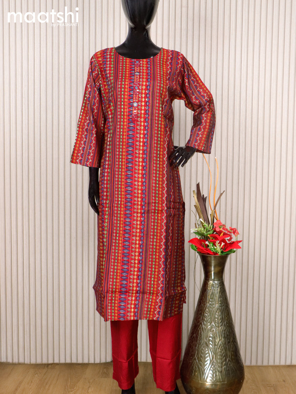 Modal readymade salwar suits red with allover prints & mirror work neck pattern and straight cut pant & printed dupatta