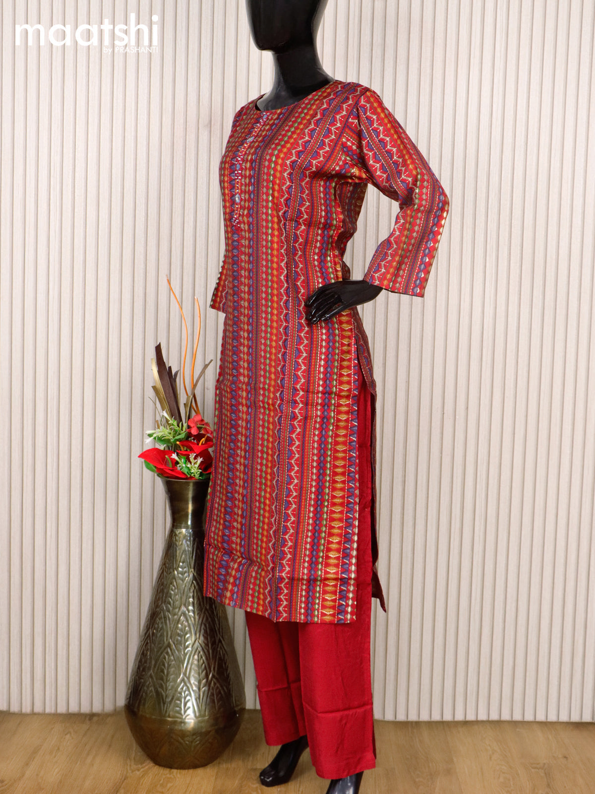 Modal readymade salwar suits red with allover prints & mirror work neck pattern and straight cut pant & printed dupatta