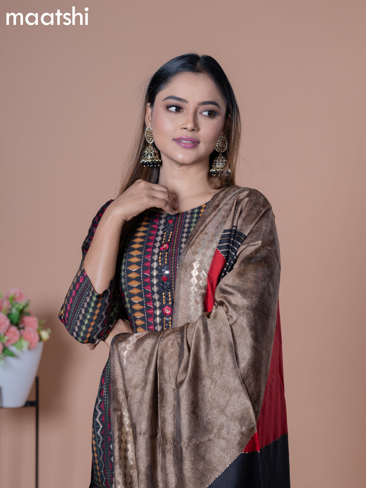 Modal readymade salwar suits black with allover prints & mirror work neck pattern and straight cut pant & printed dupatta