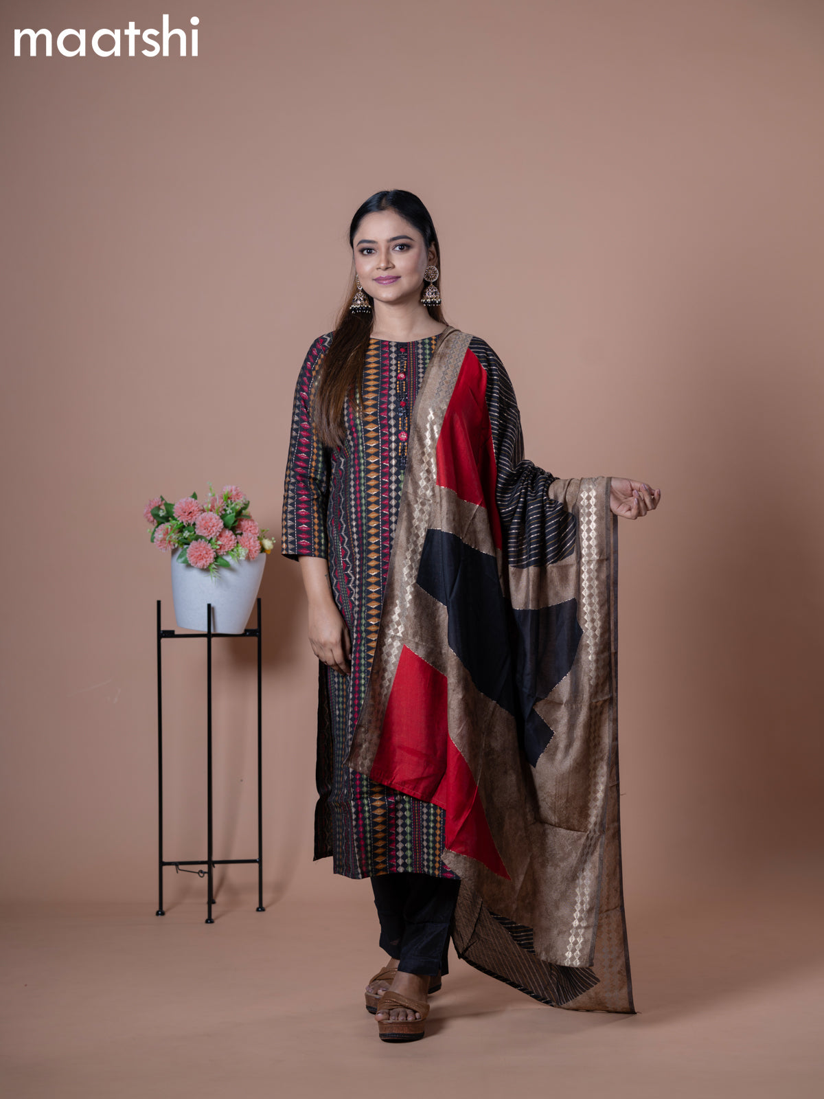 Modal readymade salwar suits black with allover prints & mirror work neck pattern and straight cut pant & printed dupatta