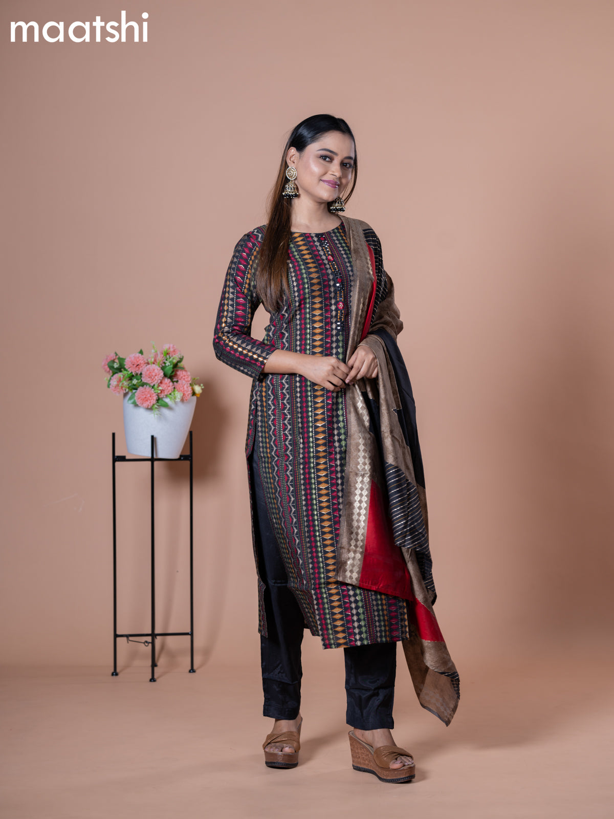 Modal readymade salwar suits black with allover prints & mirror work neck pattern and straight cut pant & printed dupatta
