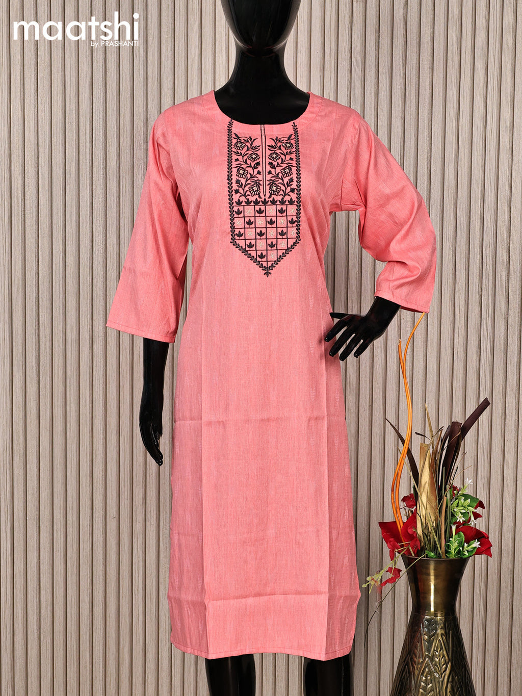 Rayon readymade kurti peach pink with embroidery work neck pattern without pant