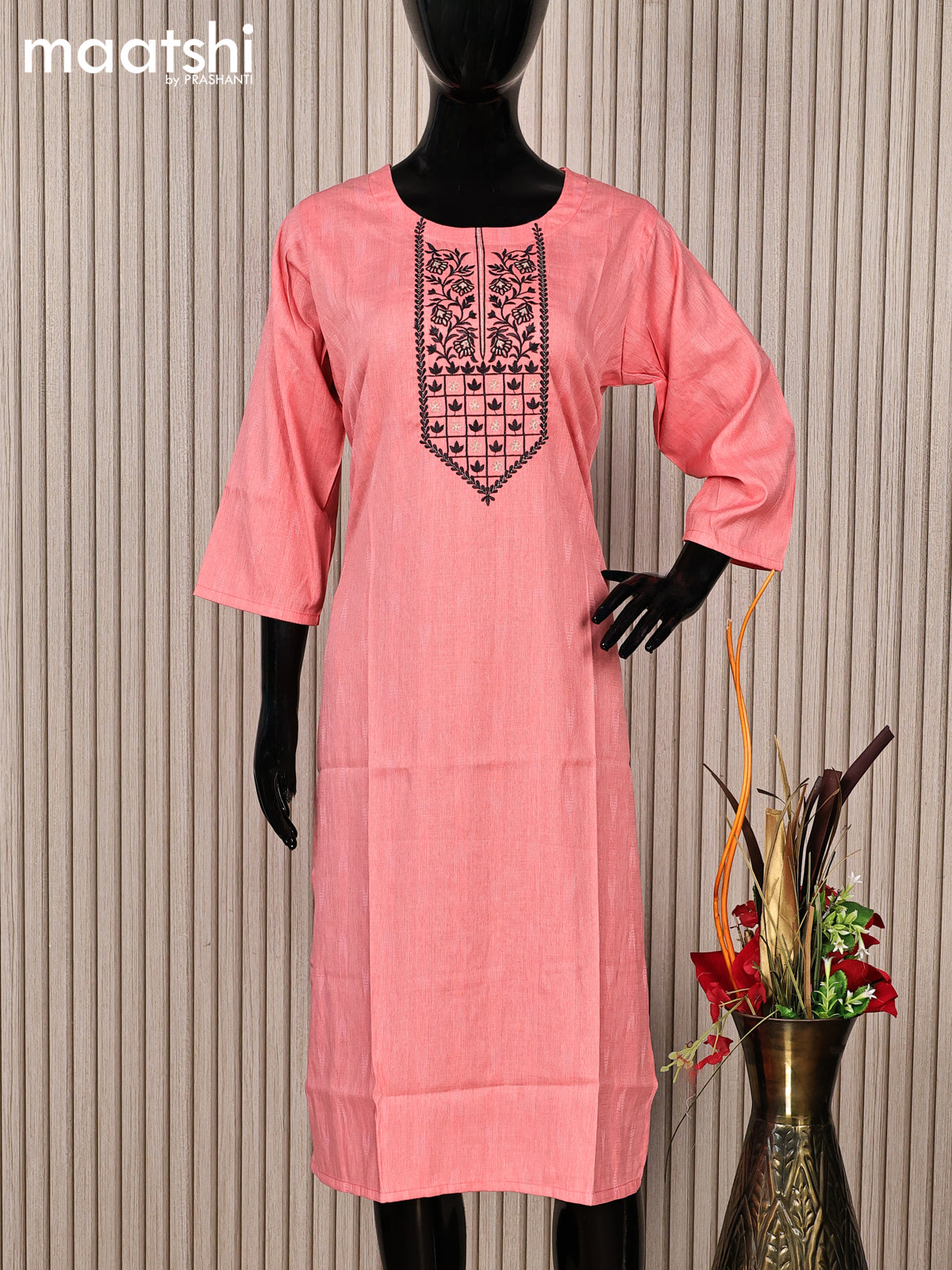 Rayon readymade kurti peach pink with embroidery work neck pattern without pant