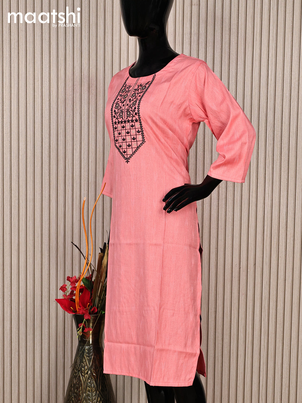 Rayon readymade kurti peach pink with embroidery work neck pattern without pant
