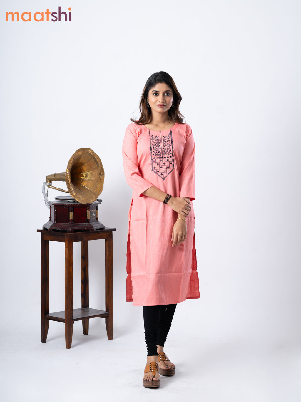 Rayon kurti peach pink with embroidery work neck pattern without pant