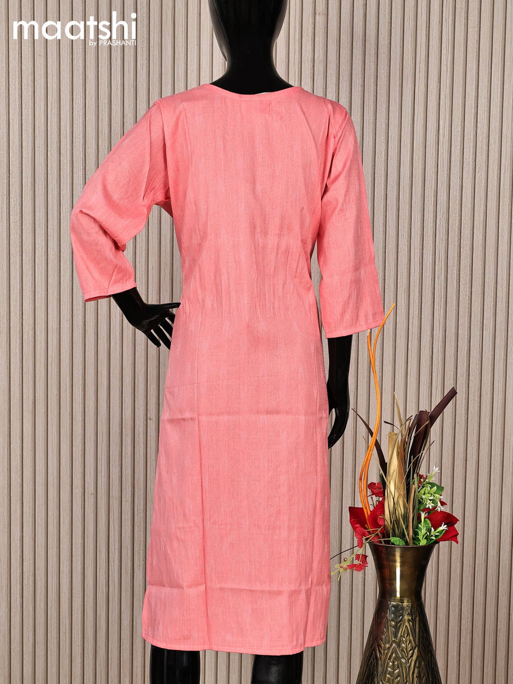 Rayon readymade kurti peach pink with embroidery work neck pattern without pant