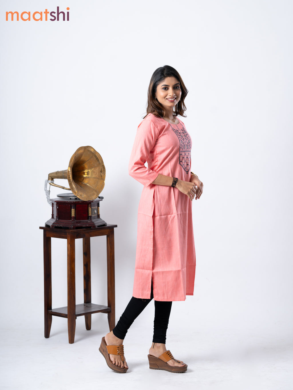 Rayon kurti peach pink with embroidery work neck pattern without pant