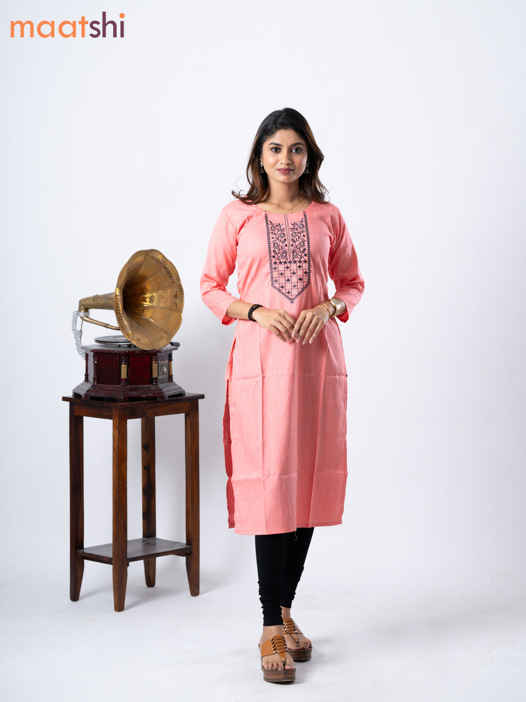 Rayon kurti peach pink with embroidery work neck pattern without pant