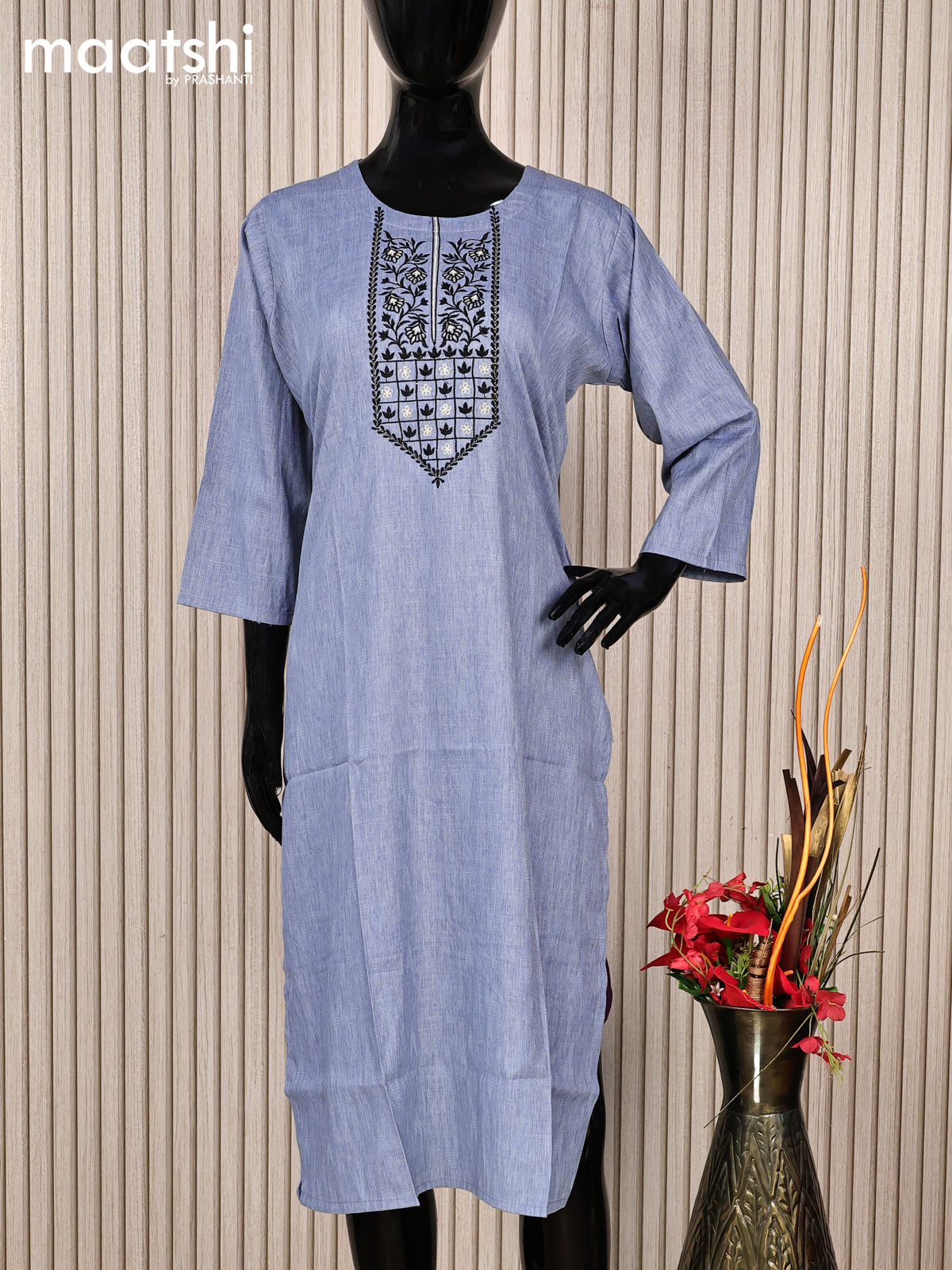 Rayon readymade kurti grey with embroidery work neck pattern without pant