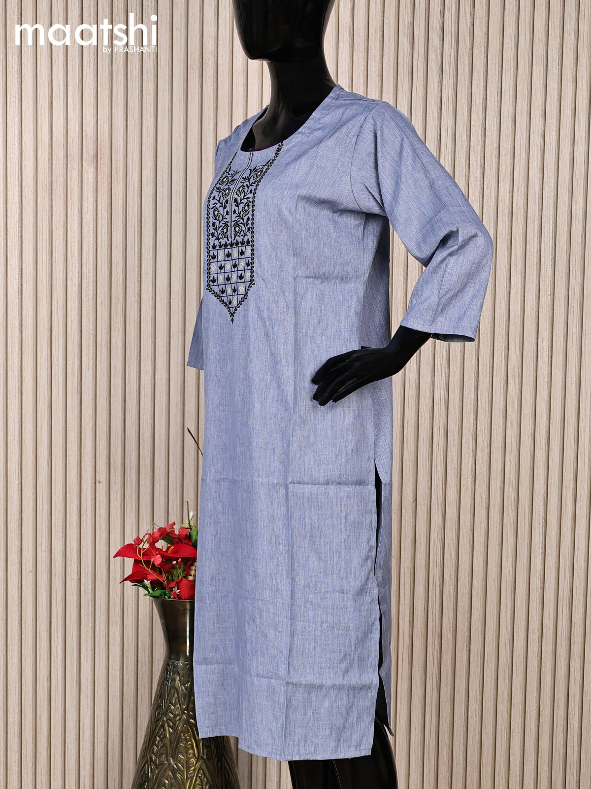 Rayon readymade kurti grey with embroidery work neck pattern without pant