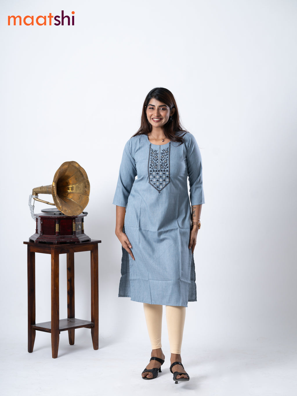 Rayon kurti grey with embroidery work neck pattern without pant