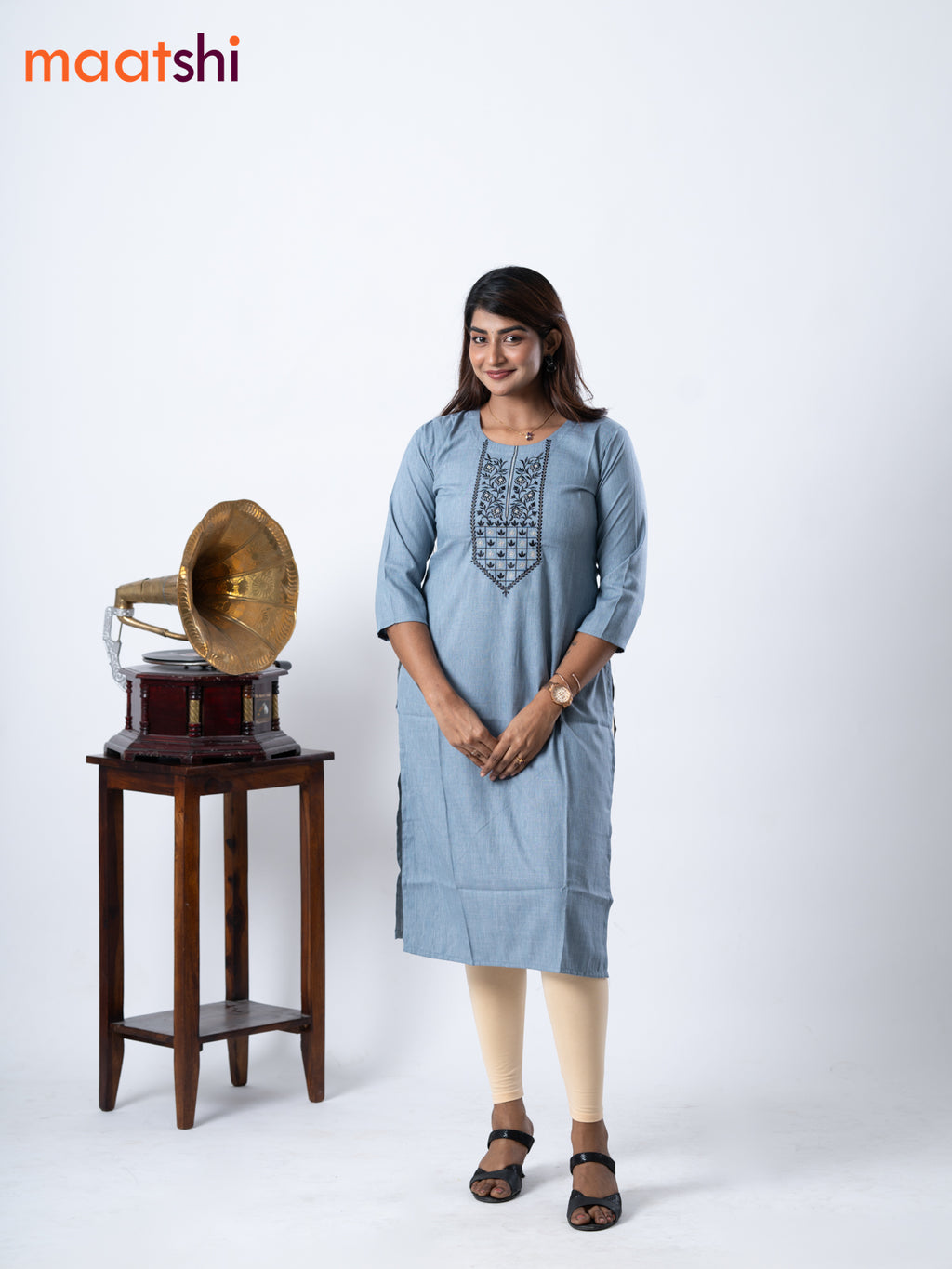 Rayon kurti grey with embroidery work neck pattern without pant