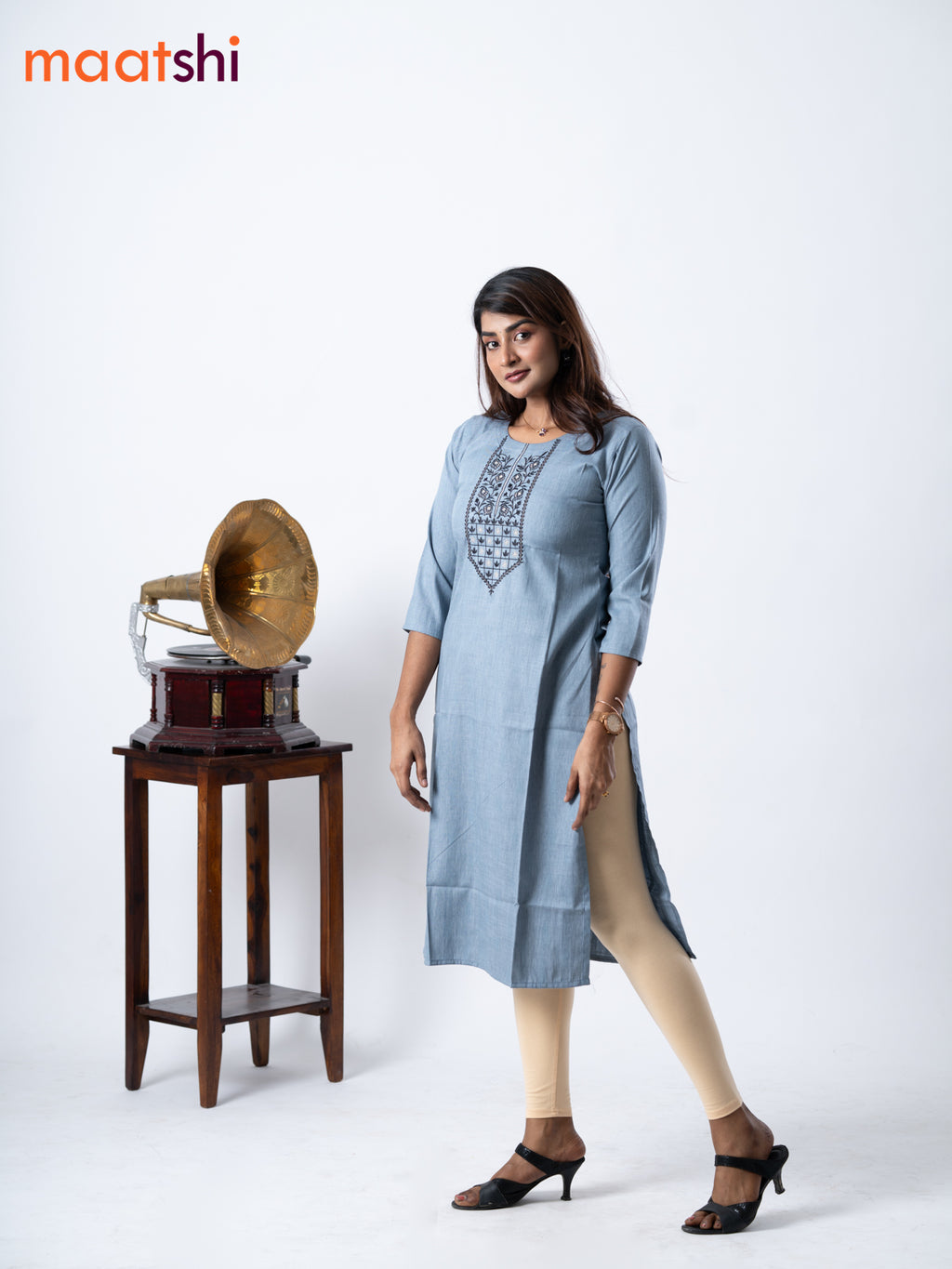 Rayon kurti grey with embroidery work neck pattern without pant