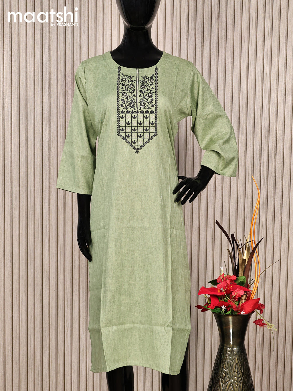Rayon readymade kurti pastel green with embroidery work neck pattern without pant