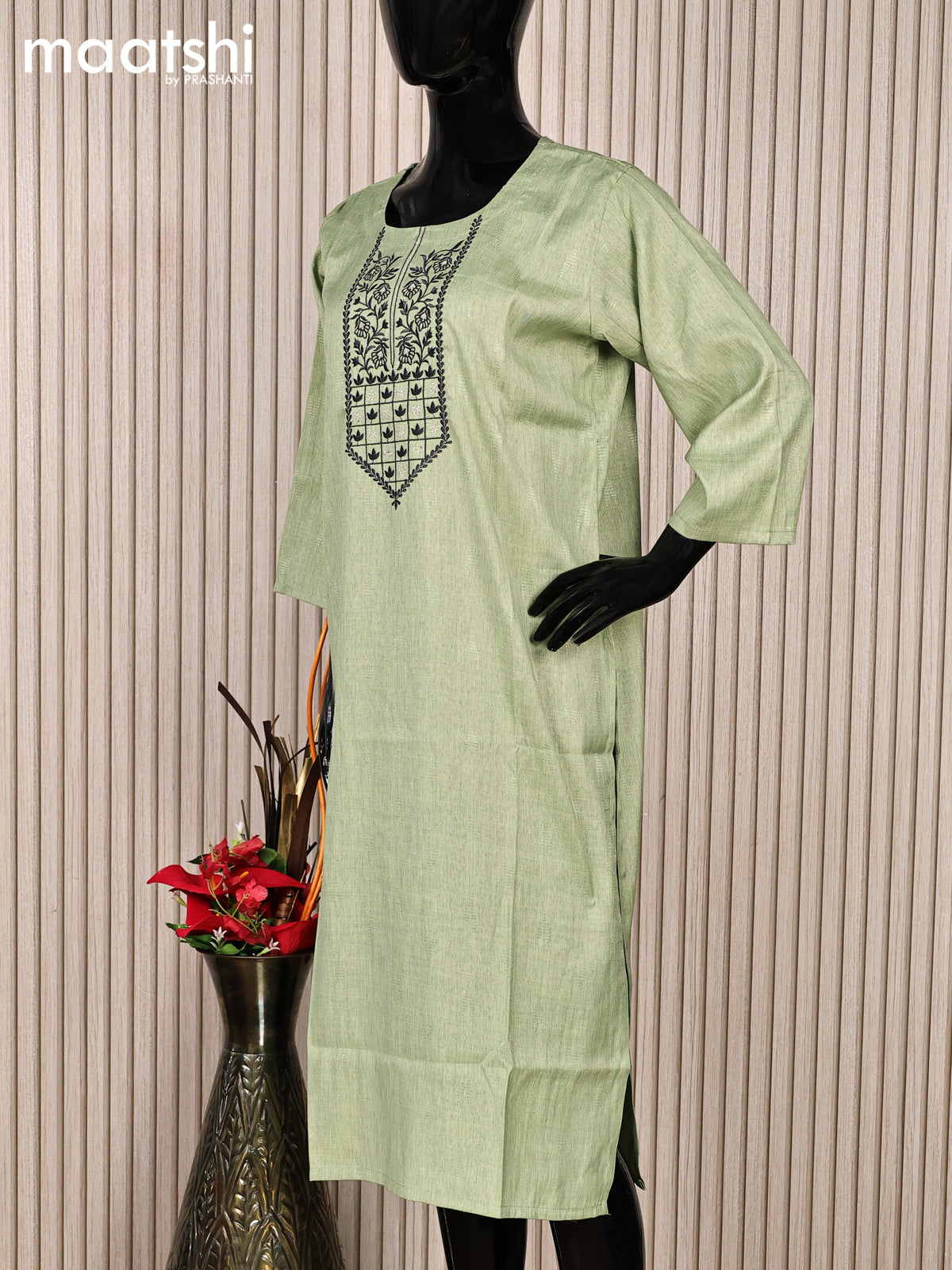 Rayon readymade kurti pastel green with embroidery work neck pattern without pant