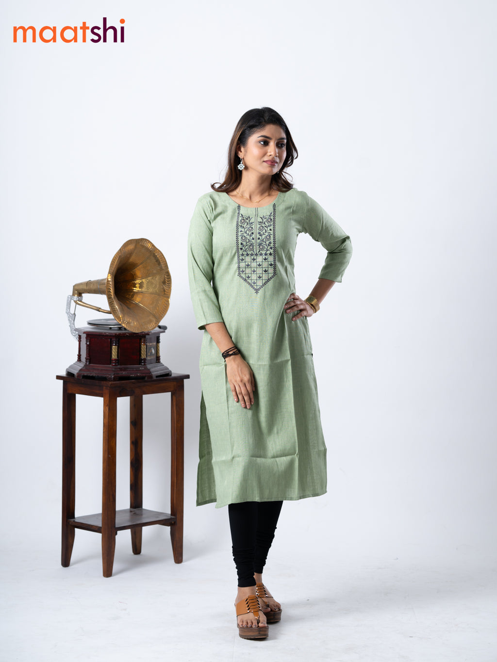 Rayon kurti pastel green with embroidery work neck pattern without pant
