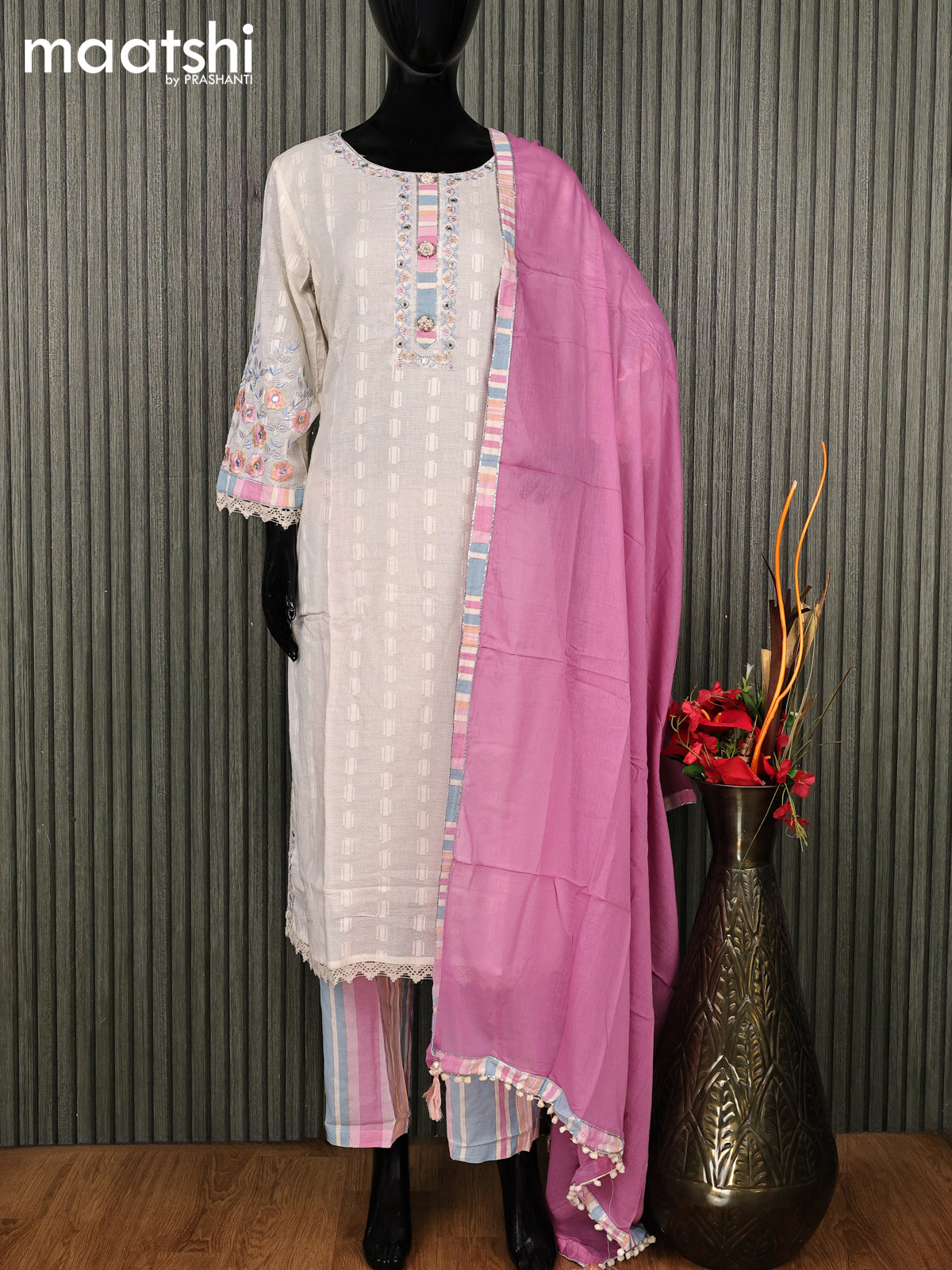 Cotton readymade salwar suit off white and mauve pink with embroidery work neck pattern and straight cut pant & dupatta