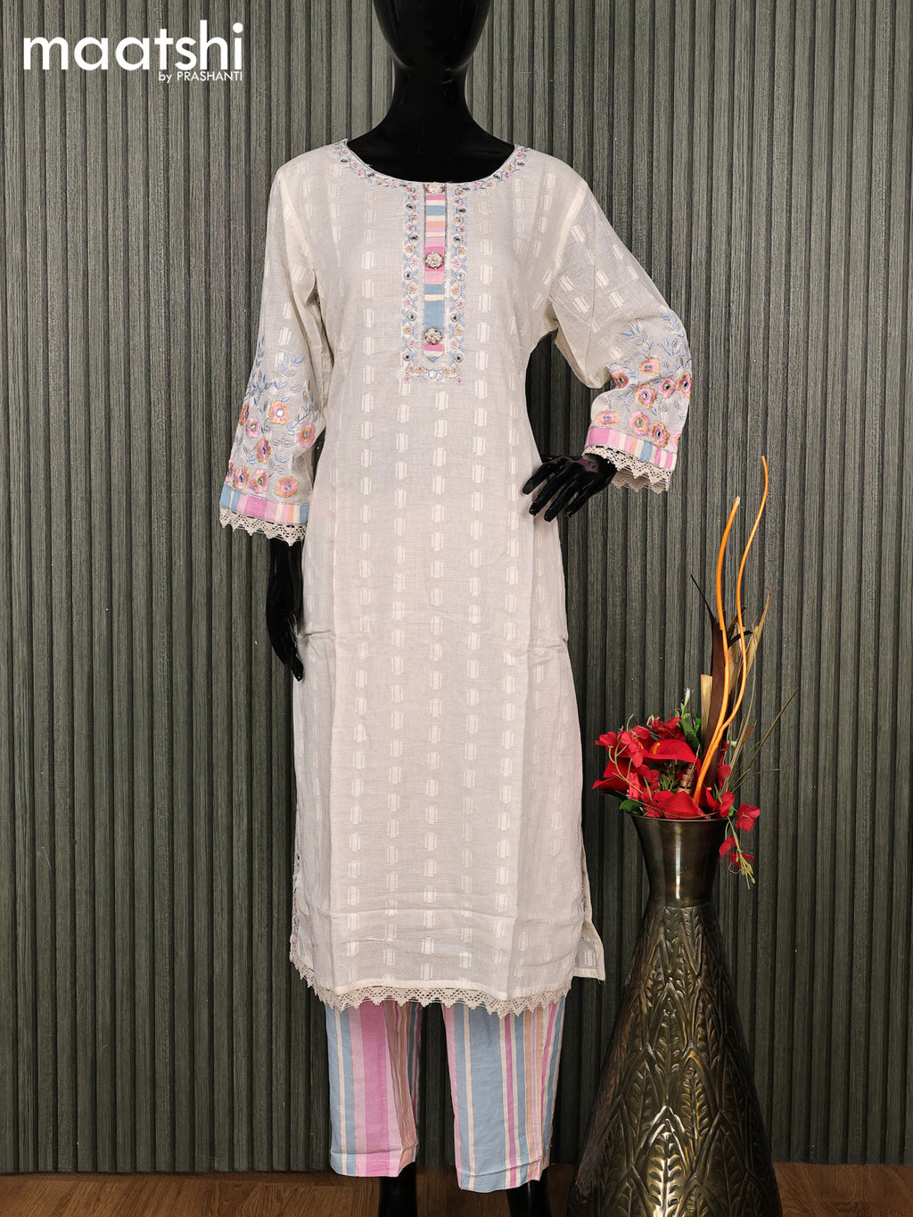 Cotton readymade salwar suit off white and mauve pink with embroidery work neck pattern and straight cut pant & dupatta