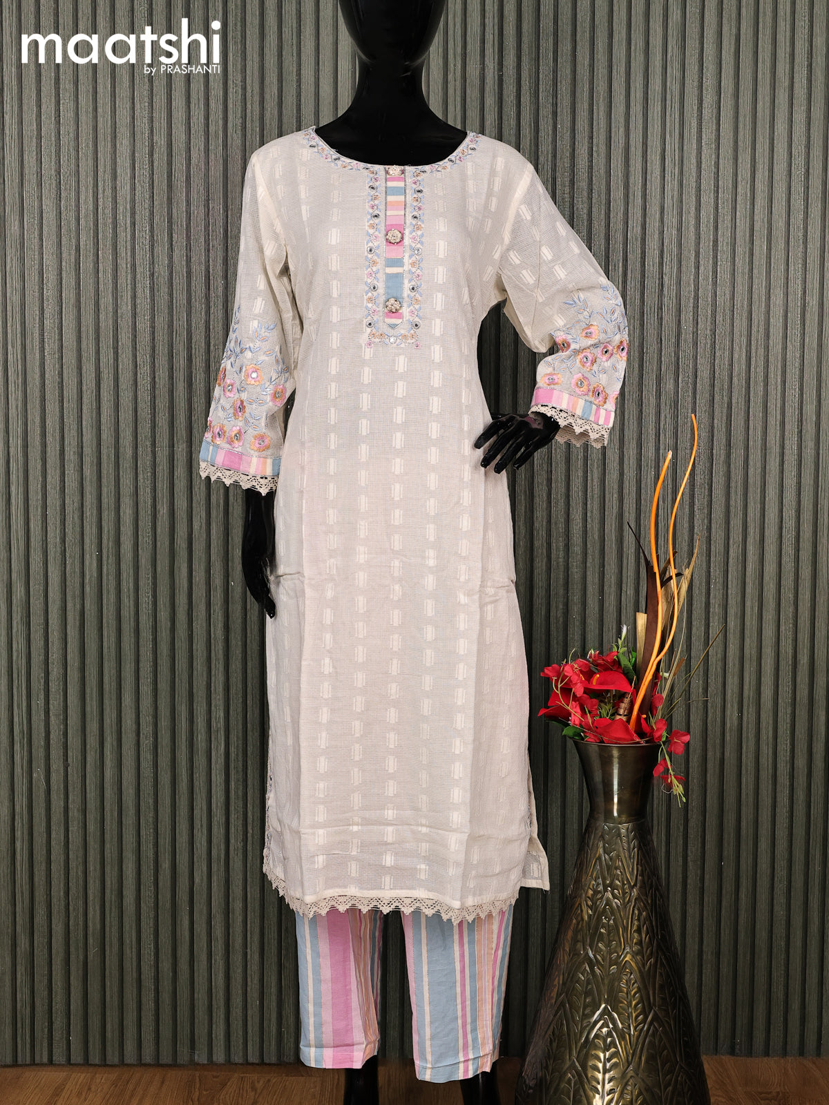 Cotton readymade salwar suit off white and mauve pink with embroidery work neck pattern and straight cut pant & dupatta