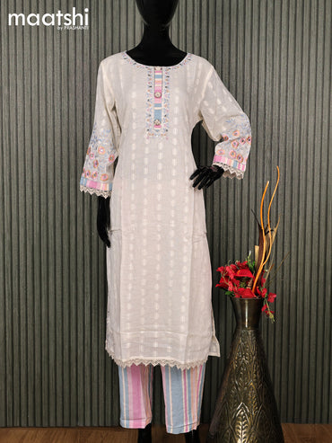 Cotton readymade salwar suit off white and mauve pink with embroidery work neck pattern and straight cut pant & dupatta