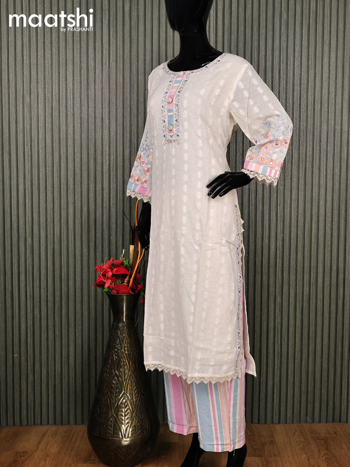 Cotton readymade salwar suit off white and mauve pink with embroidery work neck pattern and straight cut pant & dupatta