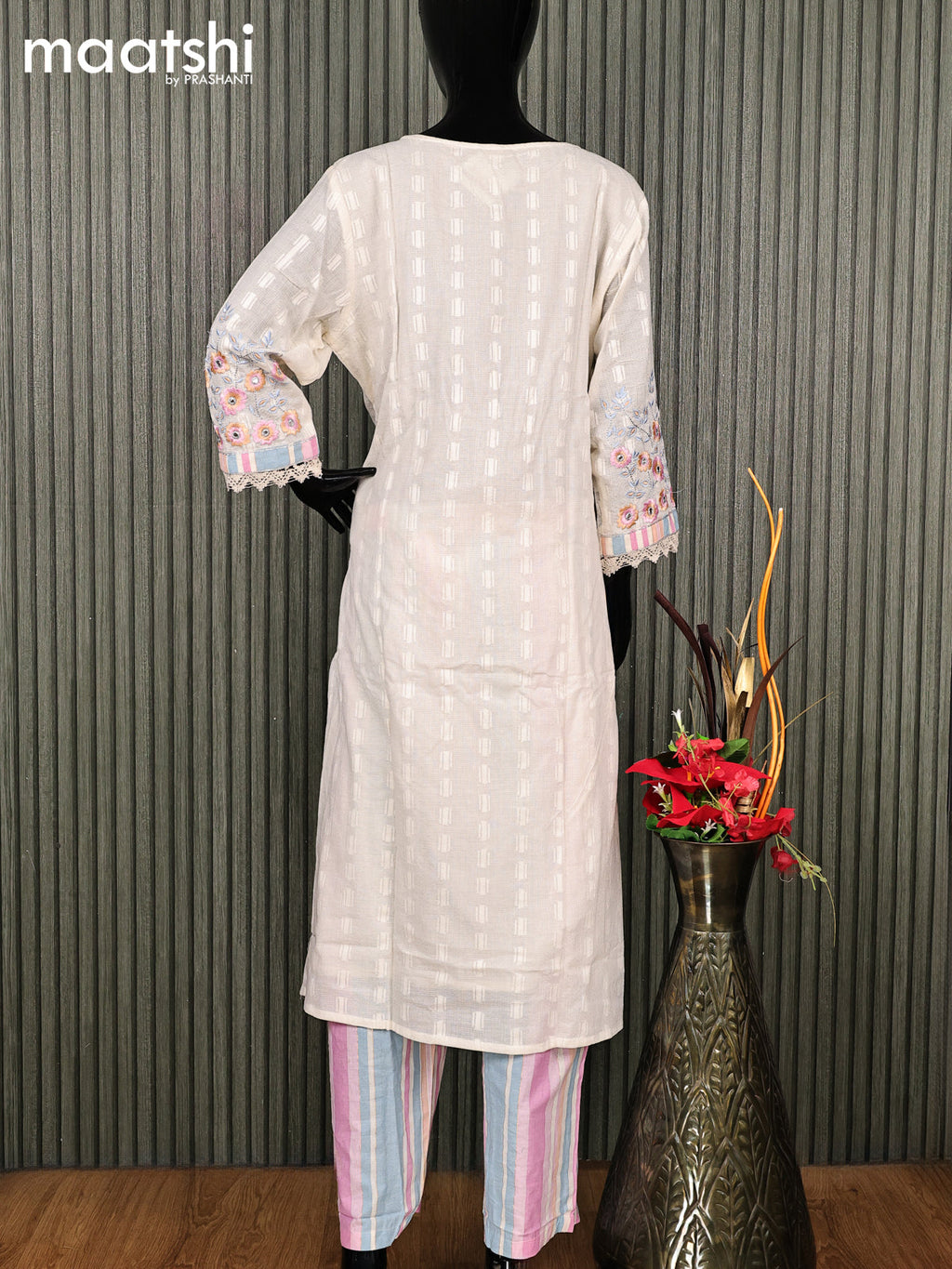 Cotton readymade salwar suit off white and mauve pink with embroidery work neck pattern and straight cut pant & dupatta