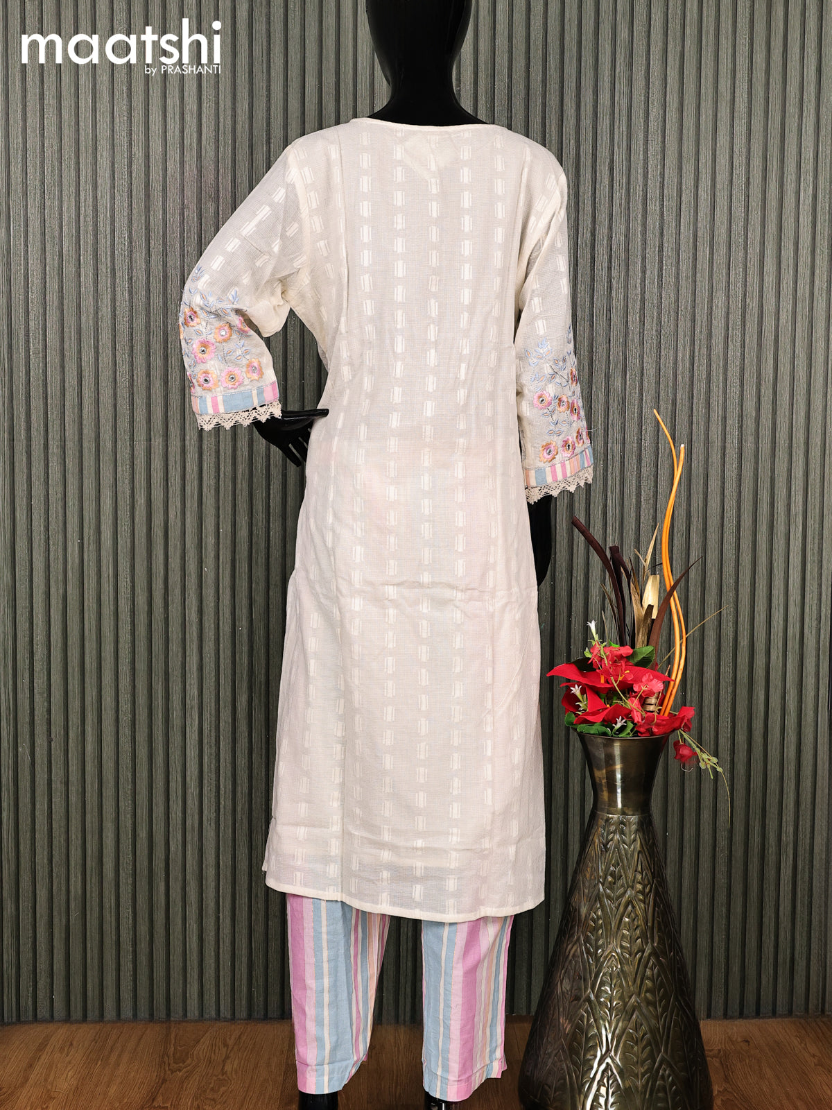 Cotton readymade salwar suit off white and mauve pink with embroidery work neck pattern and straight cut pant & dupatta